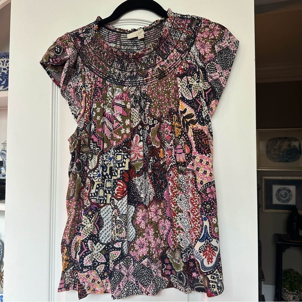 LOFT - Boho colorful print smocked yoke ruffle cap sleeve top